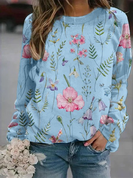 Damen Langarmshirt mit Blumenmuster - Bequem & Modisch-Blau-S-Luzern Mode