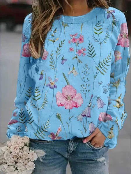 Damen Langarmshirt mit Blumenmuster - Bequem & Modisch-Dunkelblau-S-Luzern Mode