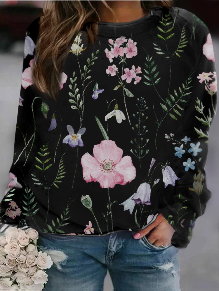Damen Langarmshirt mit Blumenmuster - Bequem & Modisch-Schwarz-S-Luzern Mode