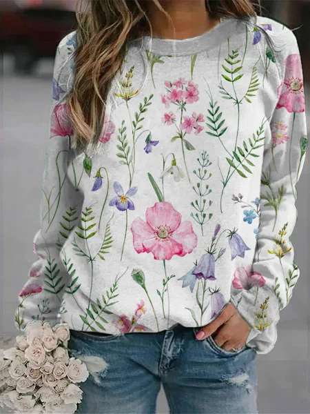 Damen Langarmshirt mit Blumenmuster - Bequem & Modisch-Weiß-S-Luzern Mode