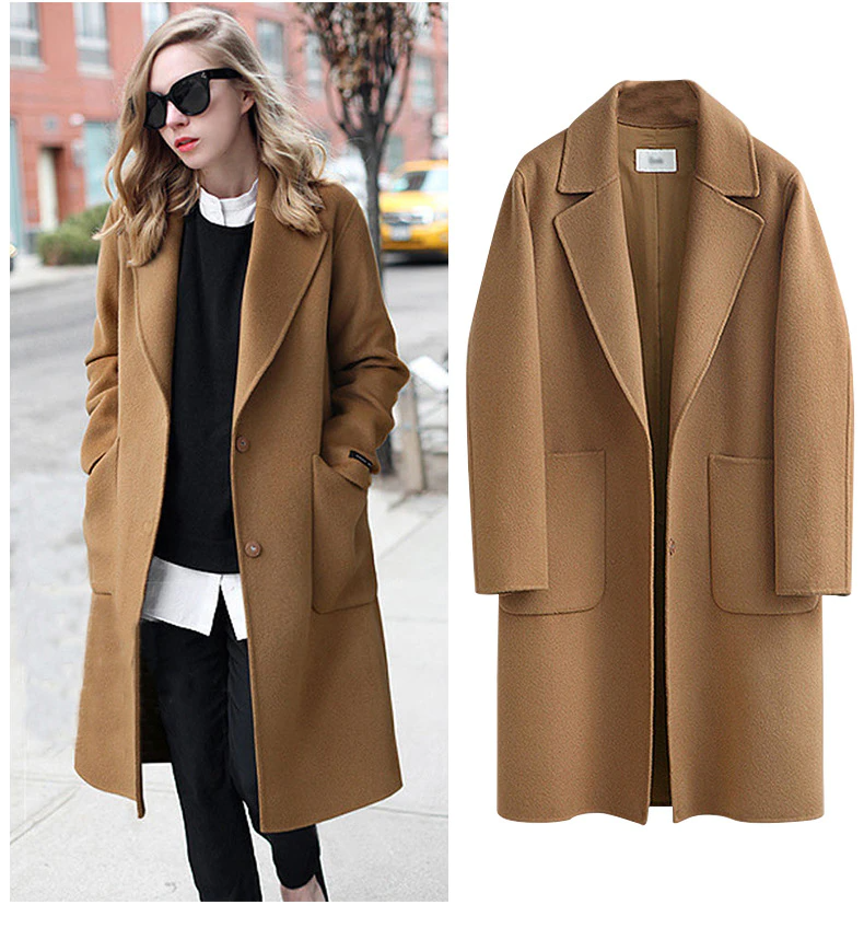 Damen Wollmantel Herbst Wintermode Eleganter Schnitt-Braun-M-Luzern Mode