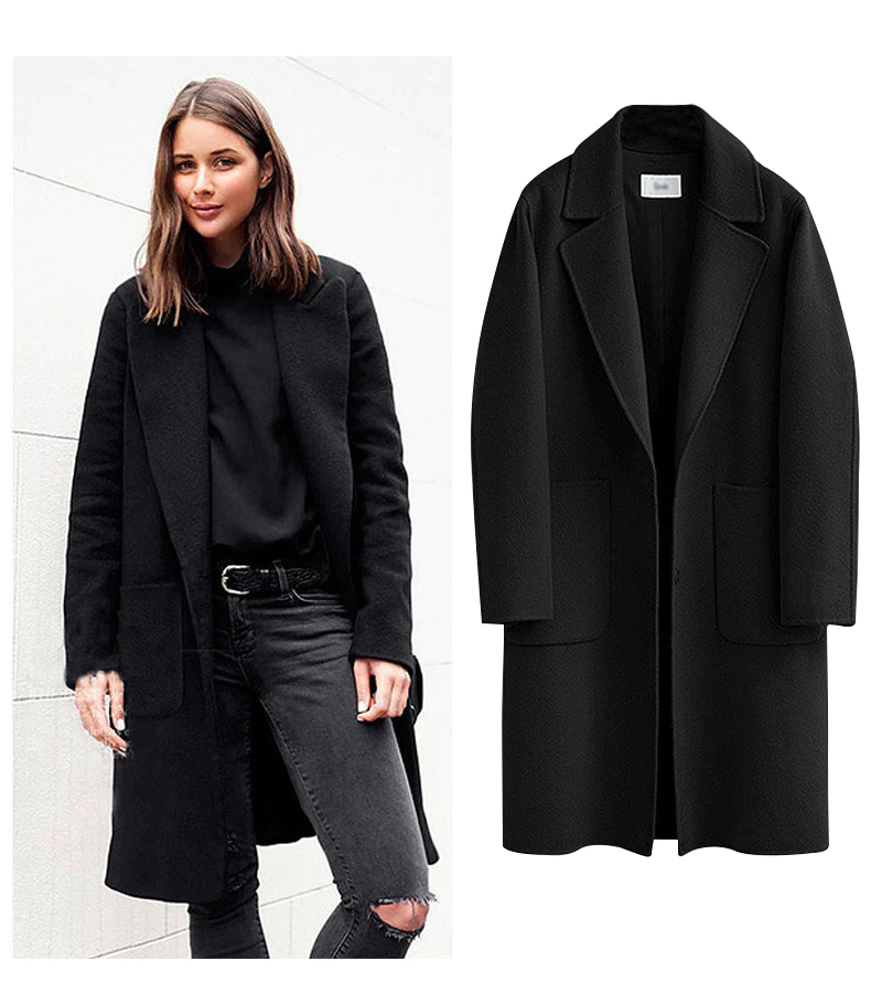 Damen Wollmantel Herbst Wintermode Eleganter Schnitt-Schwarz-M-Luzern Mode