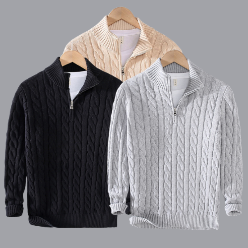 Herren Strickpullover mit Reißverschluss und Zopfmuster-Alle 3 Farben-XS-Luzern Mode