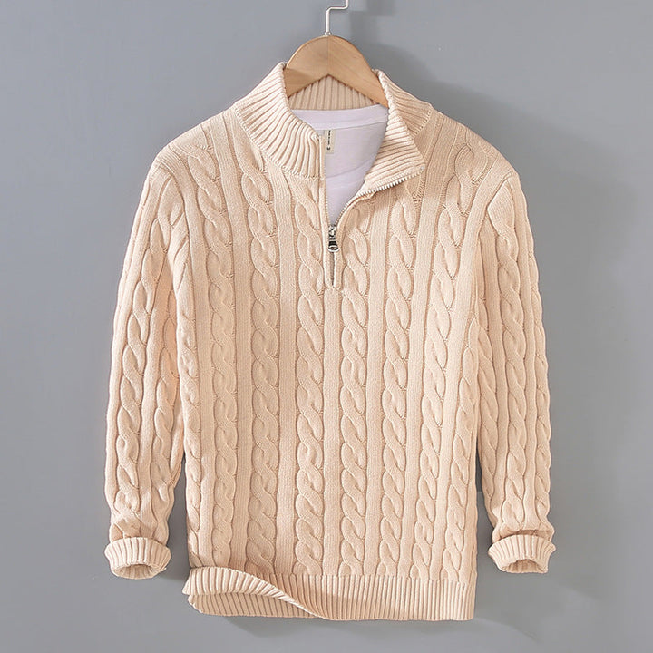 Herren Strickpullover mit Reißverschluss und Zopfmuster-Beige-XS-Luzern Mode