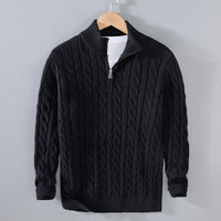 Herren Strickpullover mit Reißverschluss und Zopfmuster-Schwarz-XS-Luzern Mode