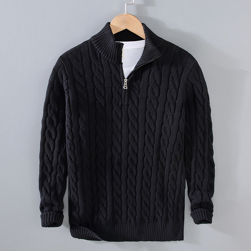 Herren Strickpullover mit Reißverschluss und Zopfmuster-Schwarz-XS-Luzern Mode