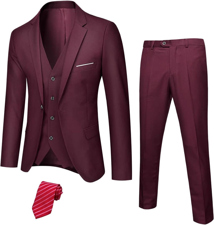 Herren Anzug Set mit Weste und Krawatte für Business-Bordeaux (Stretch)-XS-Luzern Mode