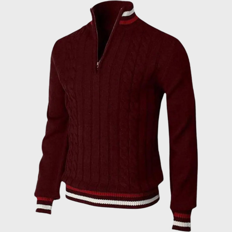 Herren Strickpullover mit Reißverschluss und Streifenmuster-Bordeaux-S-Luzern Mode
