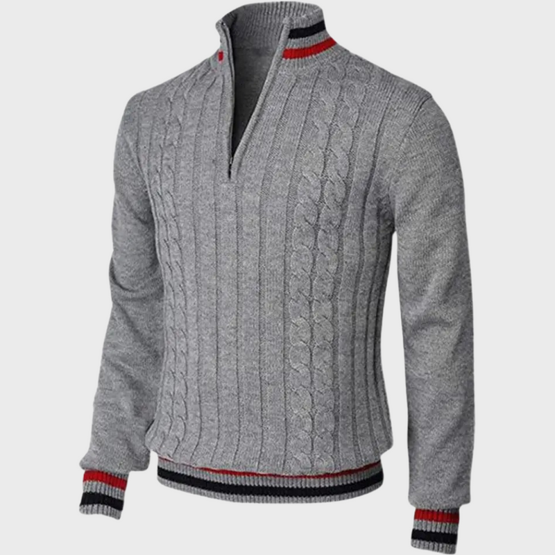 Herren Strickpullover mit Reißverschluss und Streifenmuster-Grau-S-Luzern Mode