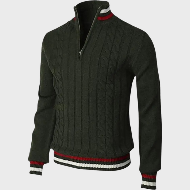 Herren Strickpullover mit Reißverschluss und Streifenmuster-Grün-S-Luzern Mode