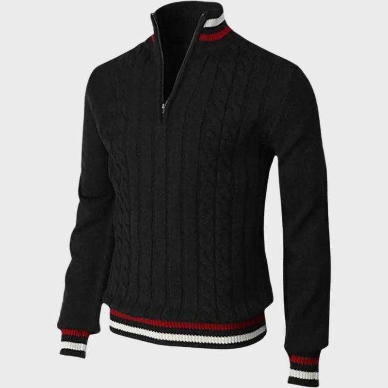 Herren Strickpullover mit Reißverschluss und Streifenmuster-Schwarz-S-Luzern Mode