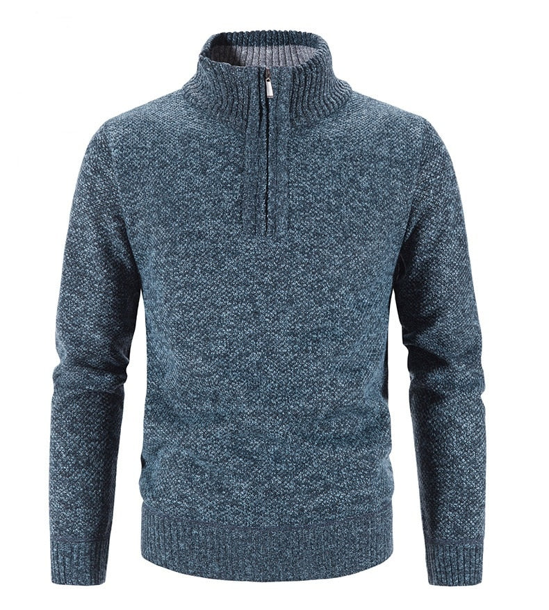 Herren Strickpullover mit Reißverschluss und Stehkragen-Blau-M-Luzern Mode