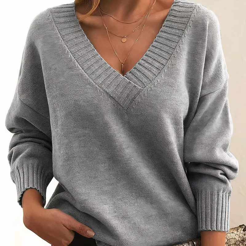 Damen V-Ausschnitt Pullover Strickmode Herbst Winter Trend-Grau-S-Luzern Mode
