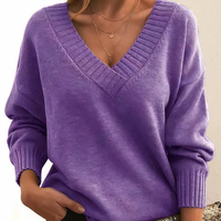 Damen V-Ausschnitt Pullover Strickmode Herbst Winter Trend-Lila-S-Luzern Mode
