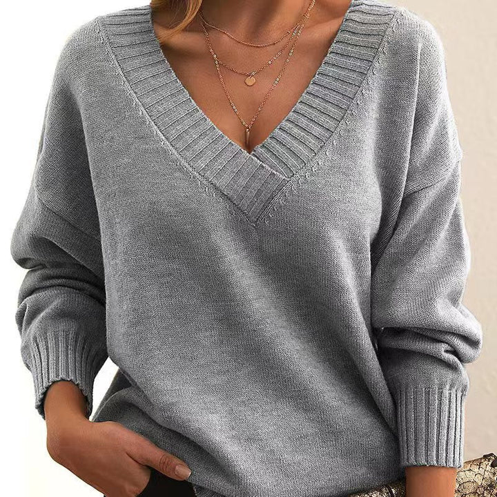 Damen Strickpullover V-Ausschnitt Oversize Wintermode-Grau-S-Luzern Mode