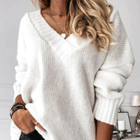 Damen Strickpullover V-Ausschnitt Oversize Wintermode-Weiß-S-Luzern Mode
