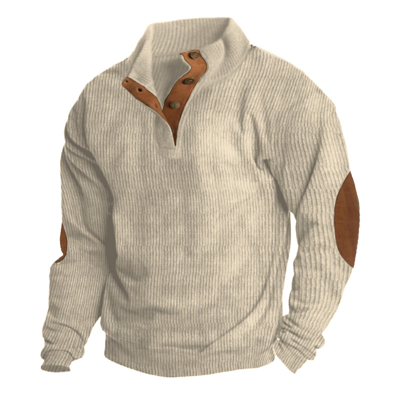 Herren Strickpullover mit Ellenbogenpatches und Knopfleiste-Beige-S-Luzern Mode