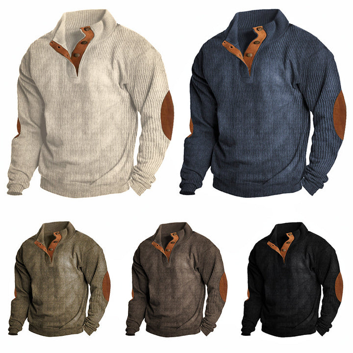 Herren Strickpullover mit Ellenbogenpatches und Knopfleiste-Luzern Mode
