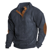 Herren Strickpullover mit Ellenbogenpatches und Knopfleiste-Blau-S-Luzern Mode