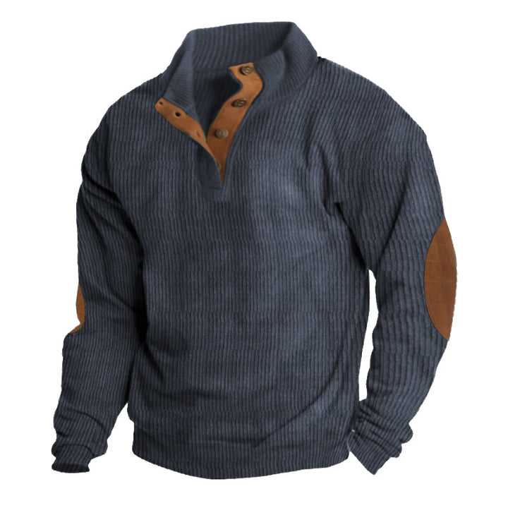 Herren Strickpullover mit Ellenbogenpatches und Knopfleiste-Blau-S-Luzern Mode