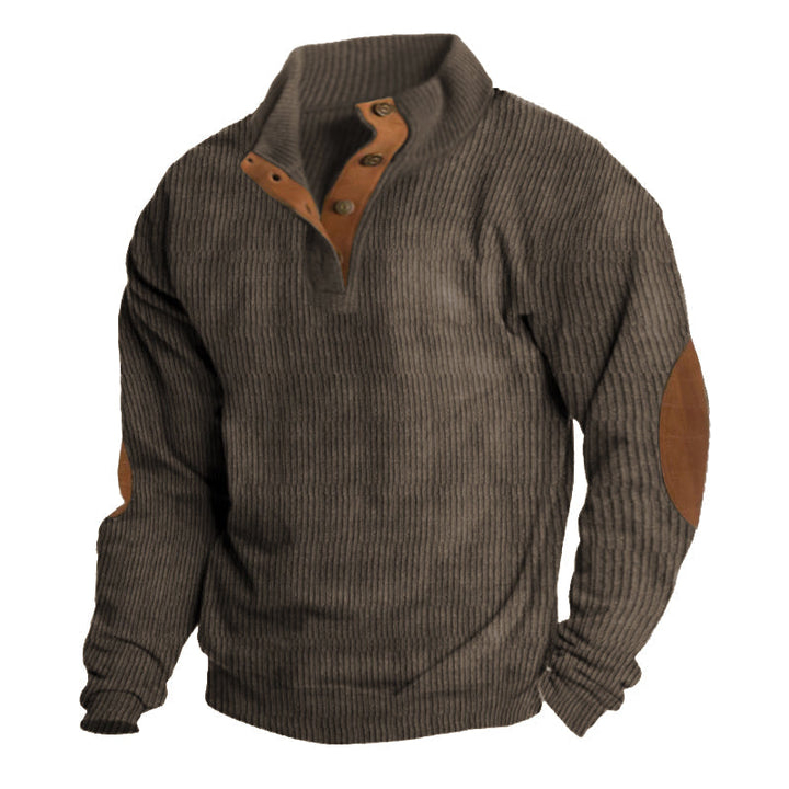 Herren Strickpullover mit Ellenbogenpatches und Knopfleiste-Braun-S-Luzern Mode