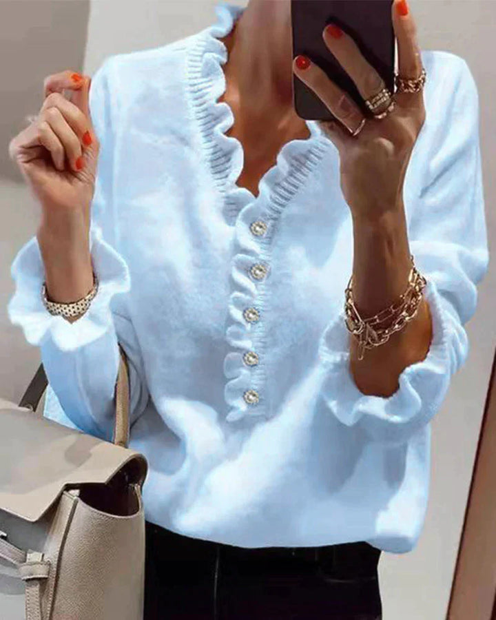 Damenbluse mit Volants und Knopfleiste – Eleganter Look-Hellblau-S-Luzern Mode