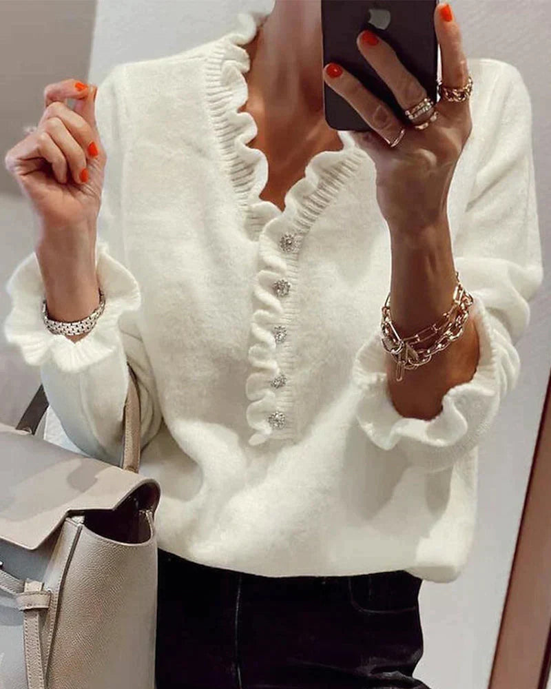 Damenbluse mit Volants und Knopfleiste – Eleganter Look-Weiß-S-Luzern Mode