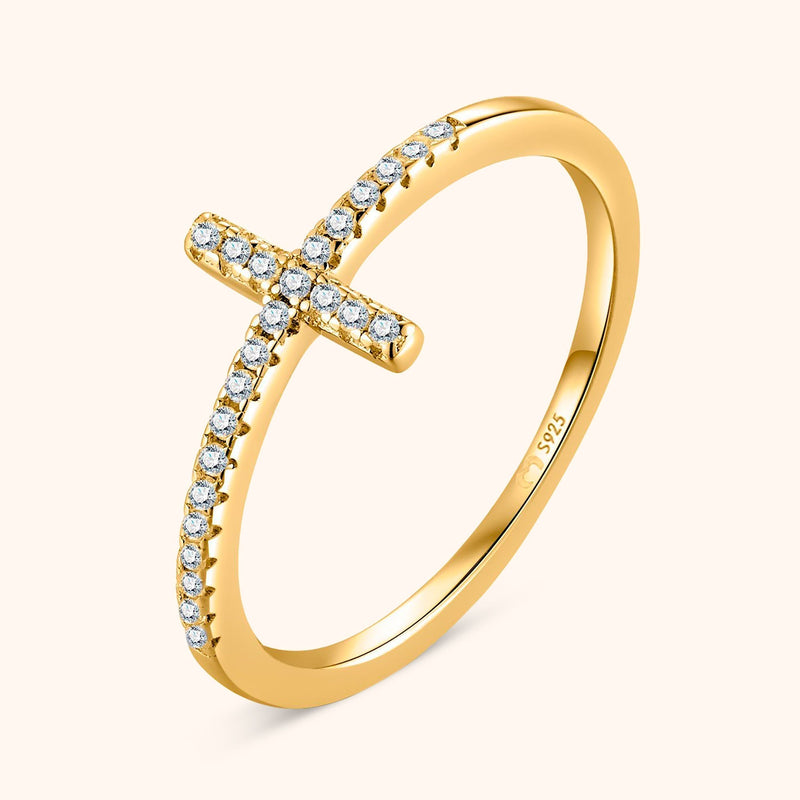 Ring mit Kreuz | Zirkonia Glaube Stil Funkelnd Langlebig Silber-Gold-5-Luzern Mode