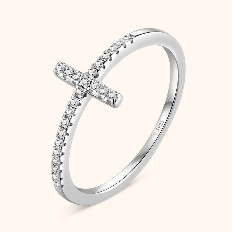 Ring mit Kreuz | Zirkonia Glaube Stil Funkelnd Langlebig Silber-Silber-5-Luzern Mode