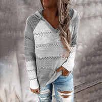 Damen Strickpullover mit Streifenmuster und Kapuze-Grau-S-Luzern Mode