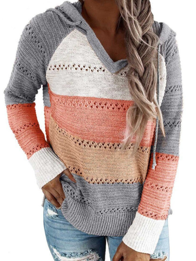 Damen Strickpullover mit Streifenmuster und Kapuze-Orange-S-Luzern Mode