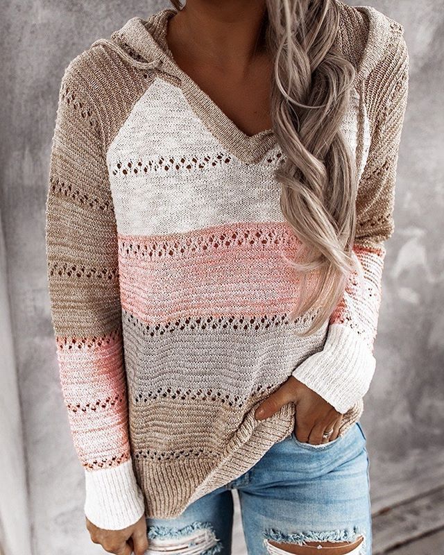 Damen Strickpullover mit Streifenmuster und Kapuze-Rosa-S-Luzern Mode
