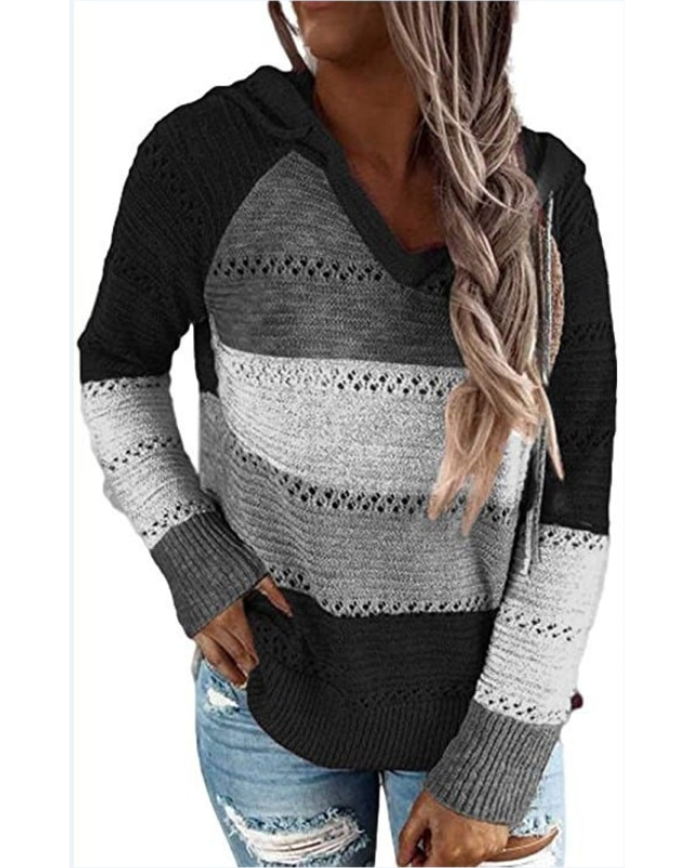 Damen Strickpullover mit Streifenmuster und Kapuze-Schwarz-S-Luzern Mode