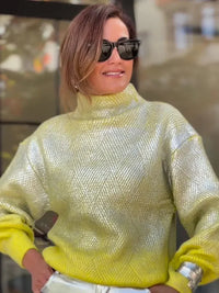 Glitzernder Strickpullover Damenmode mit Hohem Kragen-Gelb-S-Luzern Mode