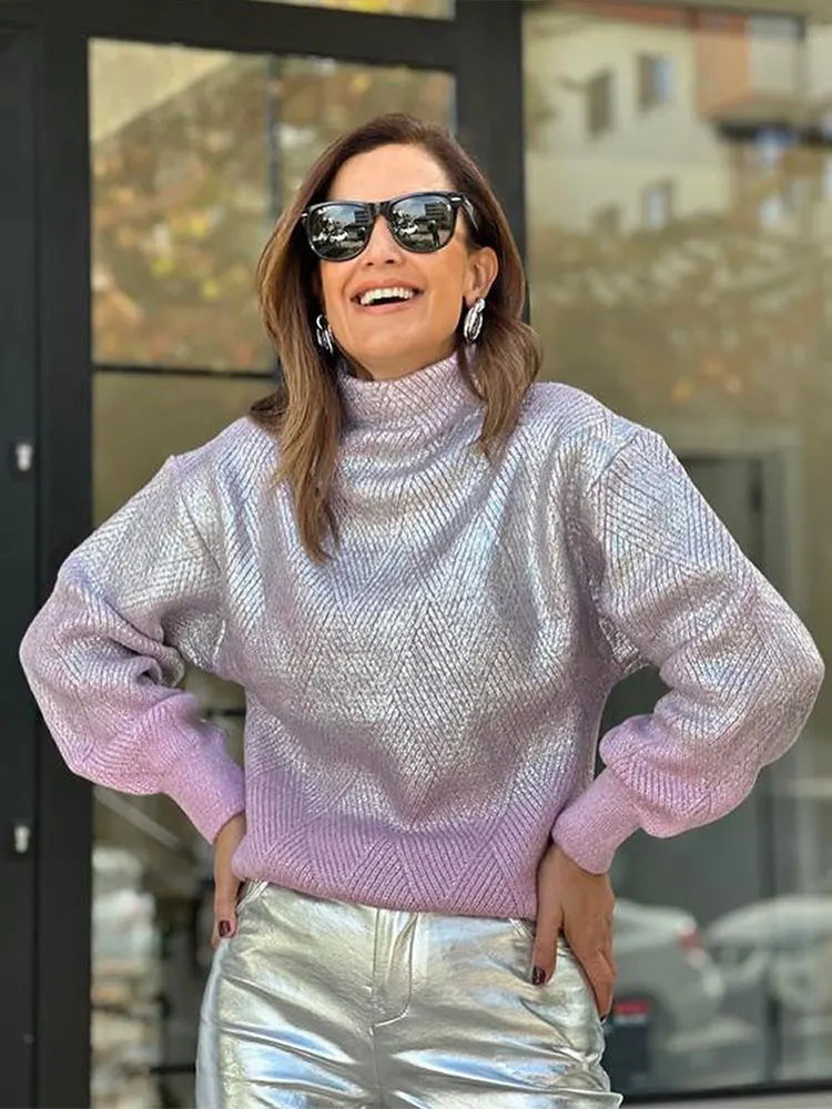Glitzernder Strickpullover Damenmode mit Hohem Kragen-Luzern Mode