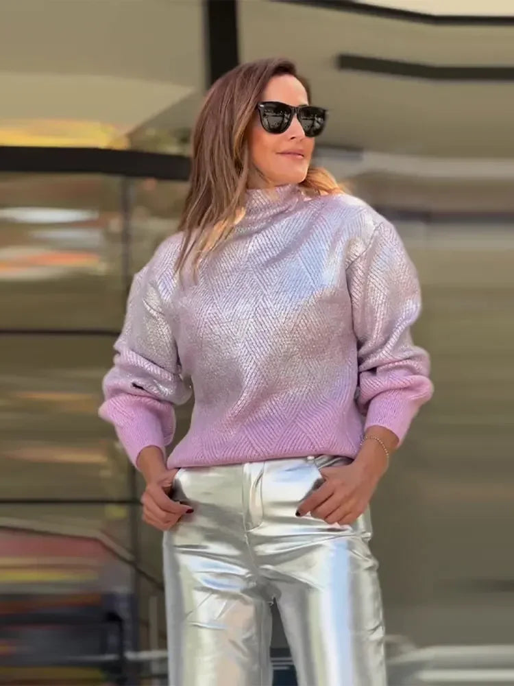 Glitzernder Strickpullover Damenmode mit Hohem Kragen-Luzern Mode