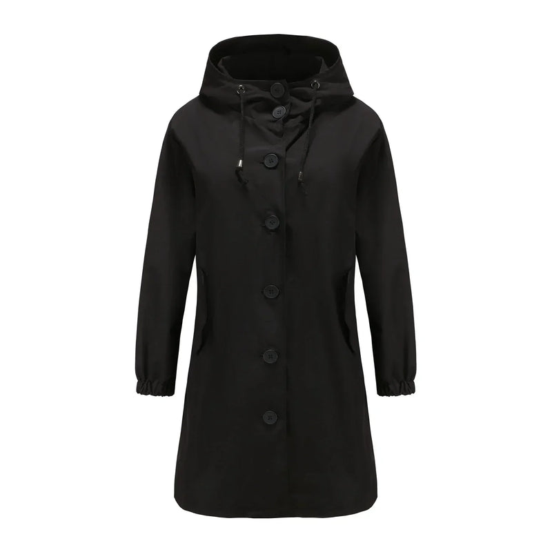 Damen Übergangsjacke mit Kapuze und Knöpfen - Elegant-Schwarz-S-Luzern Mode