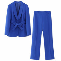 Eleganter Damenblazer mit Gürtel und passender Hose-Blau-XS-Luzern Mode