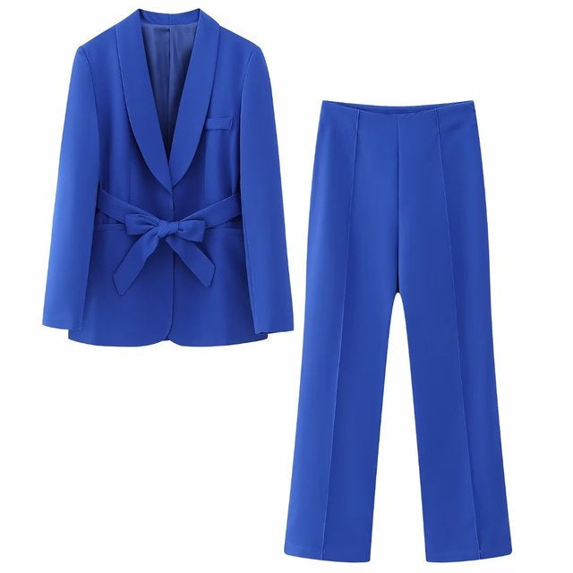 Eleganter Damenblazer mit Gürtel und passender Hose-Blau-XS-Luzern Mode