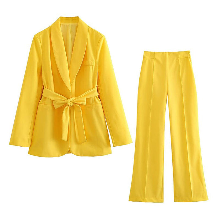Eleganter Damenblazer mit Gürtel und passender Hose-Gelb-XS-Luzern Mode
