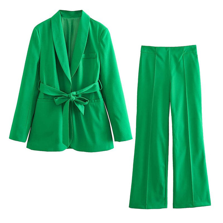 Eleganter Damenblazer mit Gürtel und passender Hose-Grün-XS-Luzern Mode