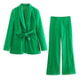 Eleganter Damenblazer mit Gürtel und passender Hose-Grün-XS-Luzern Mode