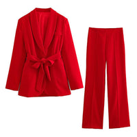 Eleganter Damenblazer mit Gürtel und passender Hose-Rot-XS-Luzern Mode