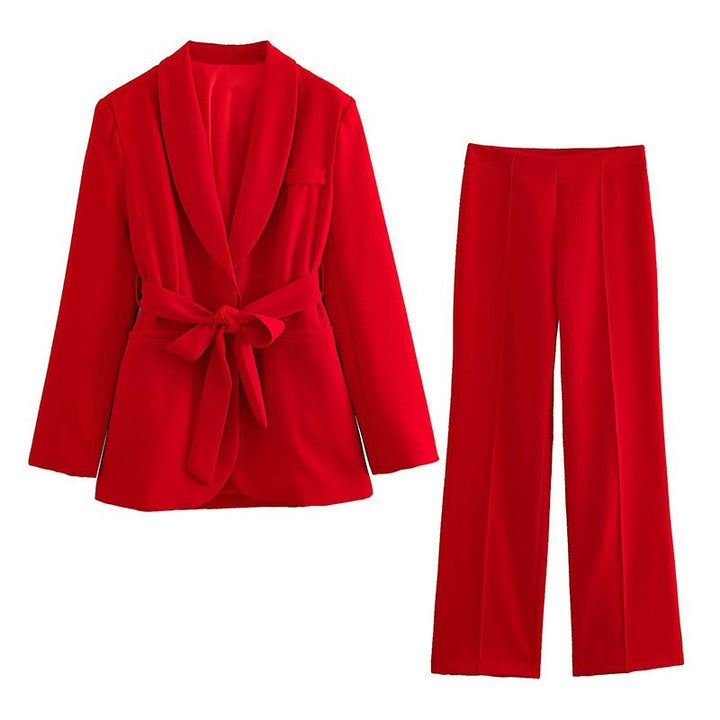 Eleganter Damenblazer mit Gürtel und passender Hose-Rot-XS-Luzern Mode