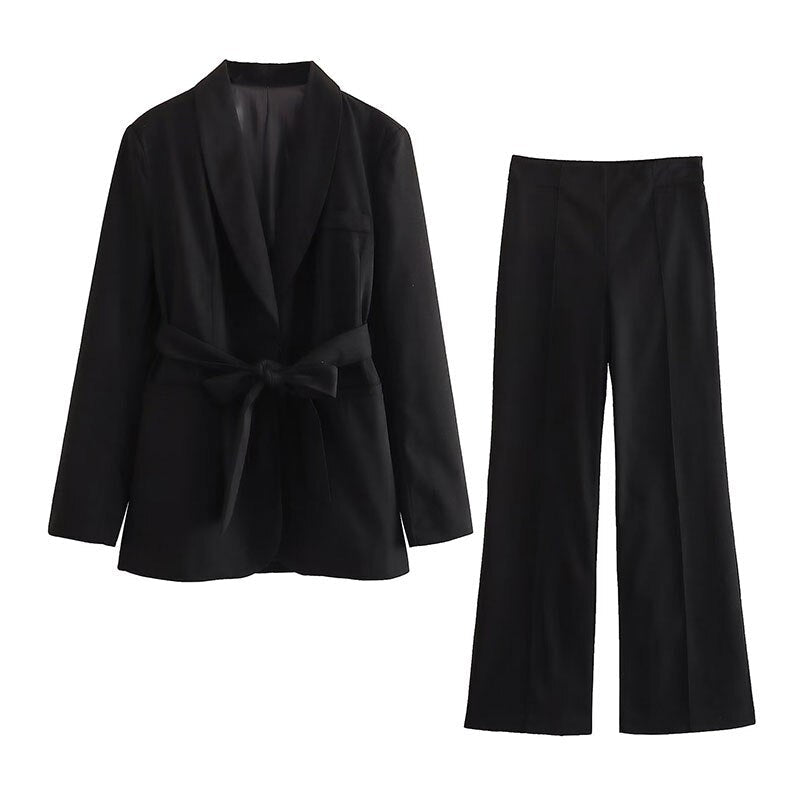 Eleganter Damenblazer mit Gürtel und passender Hose-Schwarz-XS-Luzern Mode