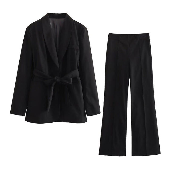 Eleganter Damenblazer mit Gürtel und passender Hose-Schwarz-XS-Luzern Mode