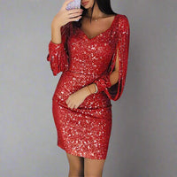 Elegantes Damenkleid mit Pailletten und V-Ausschnitt-Rot-S-Luzern Mode