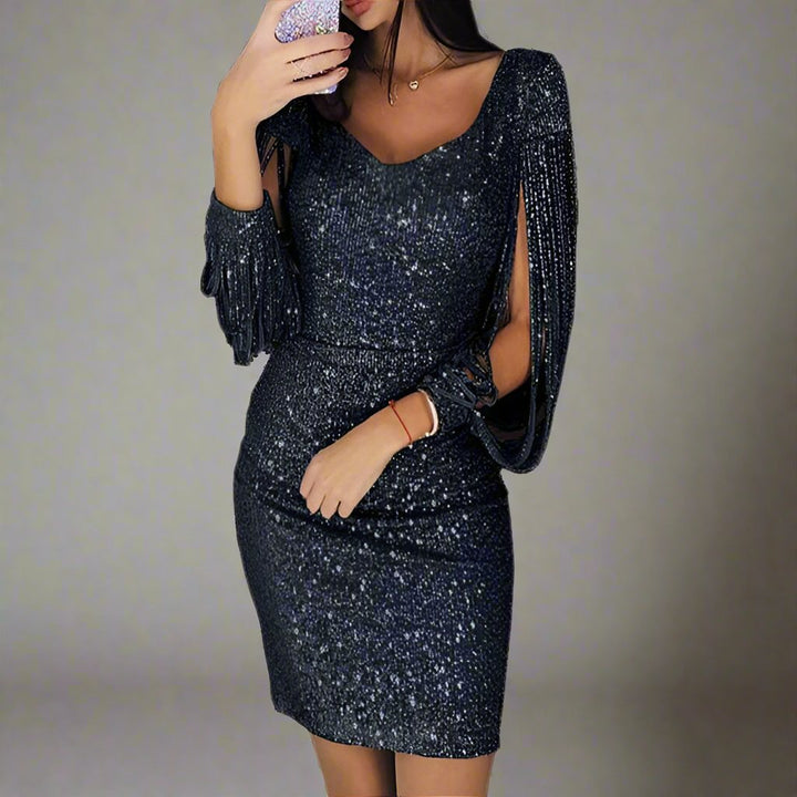 Elegantes Damenkleid mit Pailletten und V-Ausschnitt-Schwarz-S-Luzern Mode