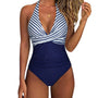 Damen Badeanzug | Farblich | Druck | V-Ausschnitt | Dehnbarem | Halsband-Blau-S-Luzern Mode