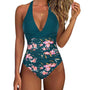 Damen Badeanzug | Farblich | Druck | V-Ausschnitt | Dehnbarem | Halsband-Dunkelgrün-S-Luzern Mode